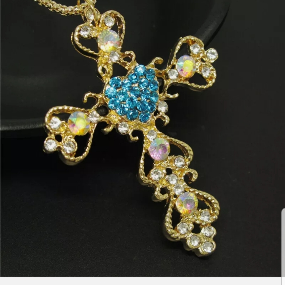 NWOT-BJ-Blue Cross Prayer Crystal Necklace - Picture 3 of 6